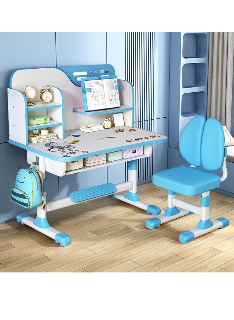 UKR Adjustable Kids Study Learning Desk and Chair Set Ergonomic Study Table with Bookshelf, Drawer Storage, Shelves, Table Lamp & Fun Stickers (Blue) - Image 5