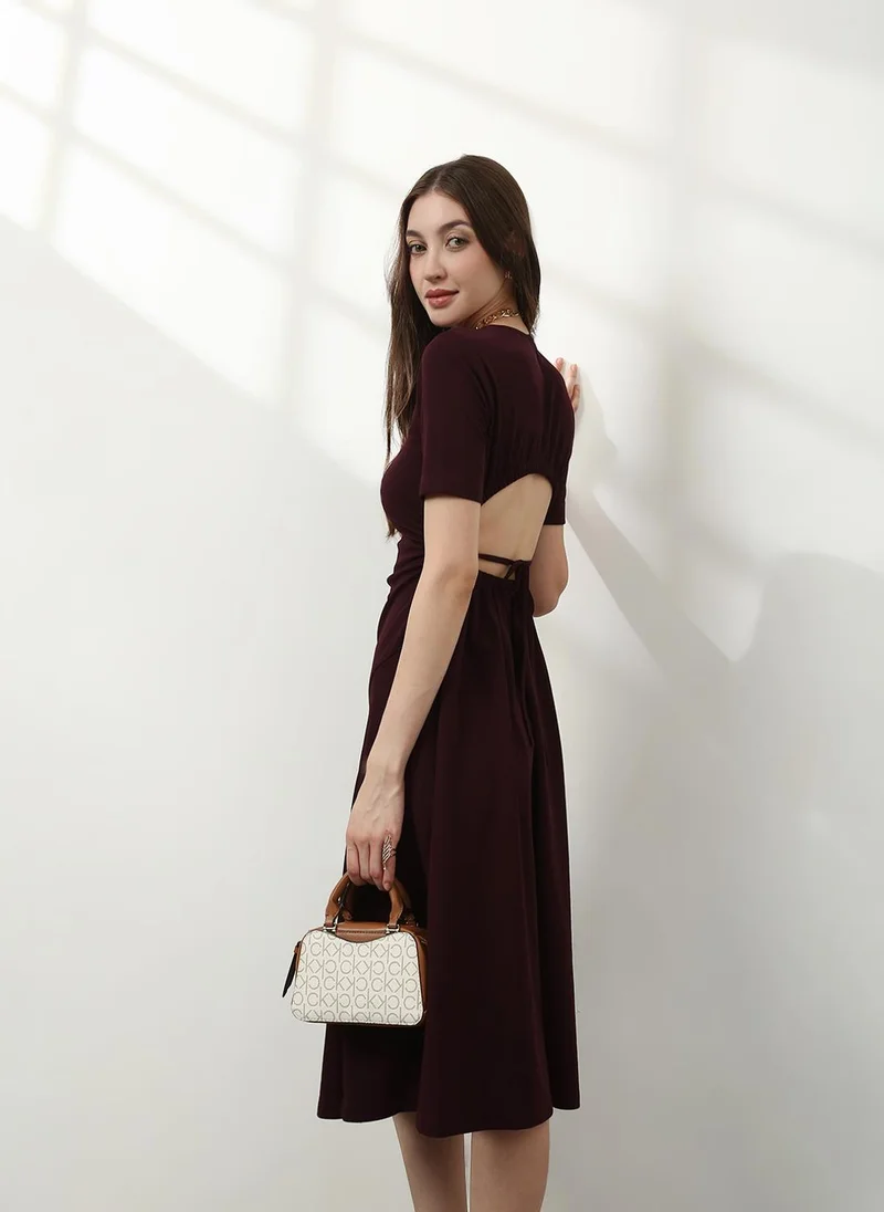 Globus Globus Women Burgundy Round Neck Stylized Back Tie-Up Fit and Flare Midi Party Wear Dress
