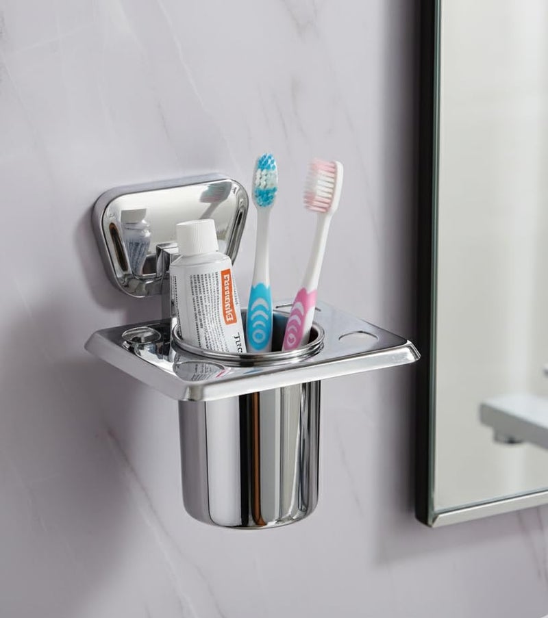 KANJAL Stainless Steel Toothbrush Holder for Bathroom | Wall Mounted Toothpaste Stand with Tumbler Cup | Rust-Proof Toothbrush Organizer for Wash Basin & Bathroom Accessories - Image 2