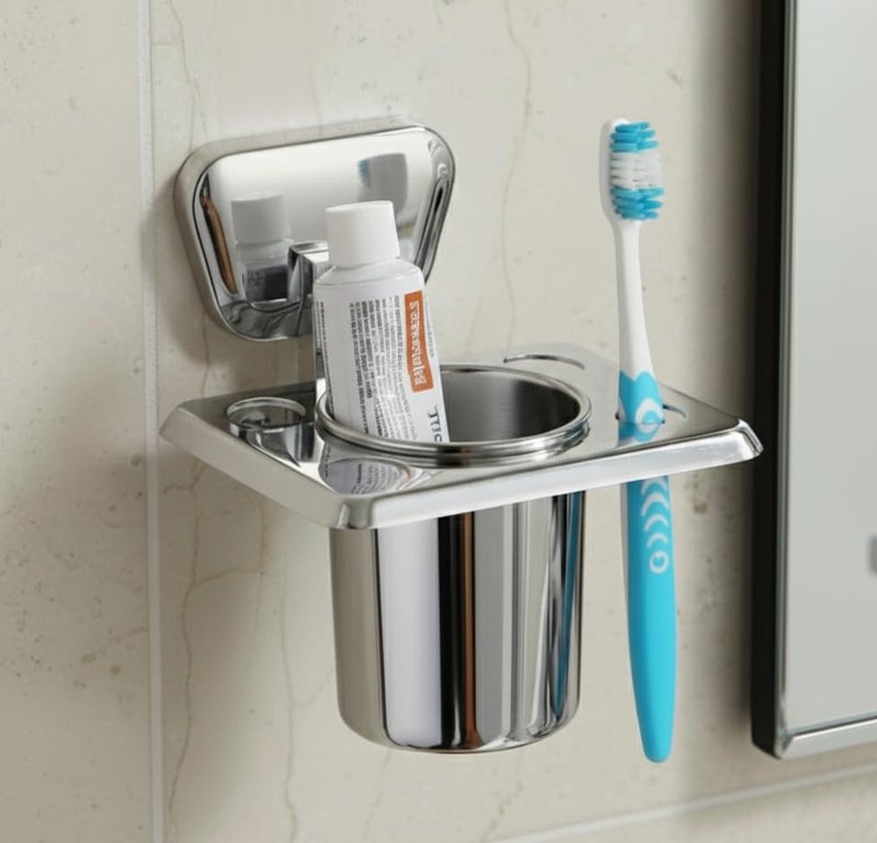 KANJAL Stainless Steel Toothbrush Holder for Bathroom | Wall Mounted Toothpaste Stand with Tumbler Cup | Rust-Proof Toothbrush Organizer for Wash Basin & Bathroom Accessories - Image 3