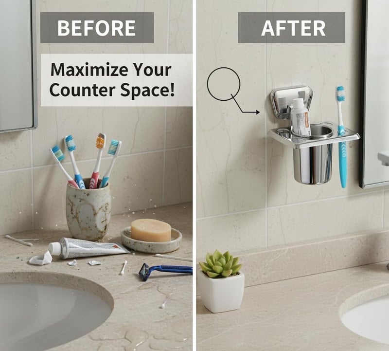 KANJAL Stainless Steel Toothbrush Holder for Bathroom | Wall Mounted Toothpaste Stand with Tumbler Cup | Rust-Proof Toothbrush Organizer for Wash Basin & Bathroom Accessories - Image 5