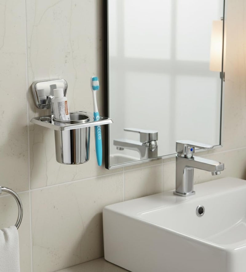 KANJAL Stainless Steel Toothbrush Holder for Bathroom | Wall Mounted Toothpaste Stand with Tumbler Cup | Rust-Proof Toothbrush Organizer for Wash Basin & Bathroom Accessories - Image 4