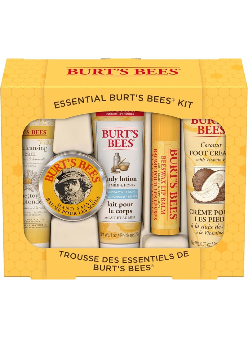 Burt's Bees Christmas Gifts, 5 Stocking Stuffers Products, Everyday Essentials Set - Original Beeswax Lip Balm, Deep Cleansing Cream, Hand Salve, Body Lotion & Coconut Foot Cream, Travel Size - Image 1