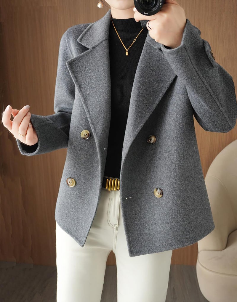 chouyatou Womens Fall Winter Casual Business Wool Blend Coat Loose Double Breasted Dressy Blazer Pea Coat (Large,Grey) - Image 3