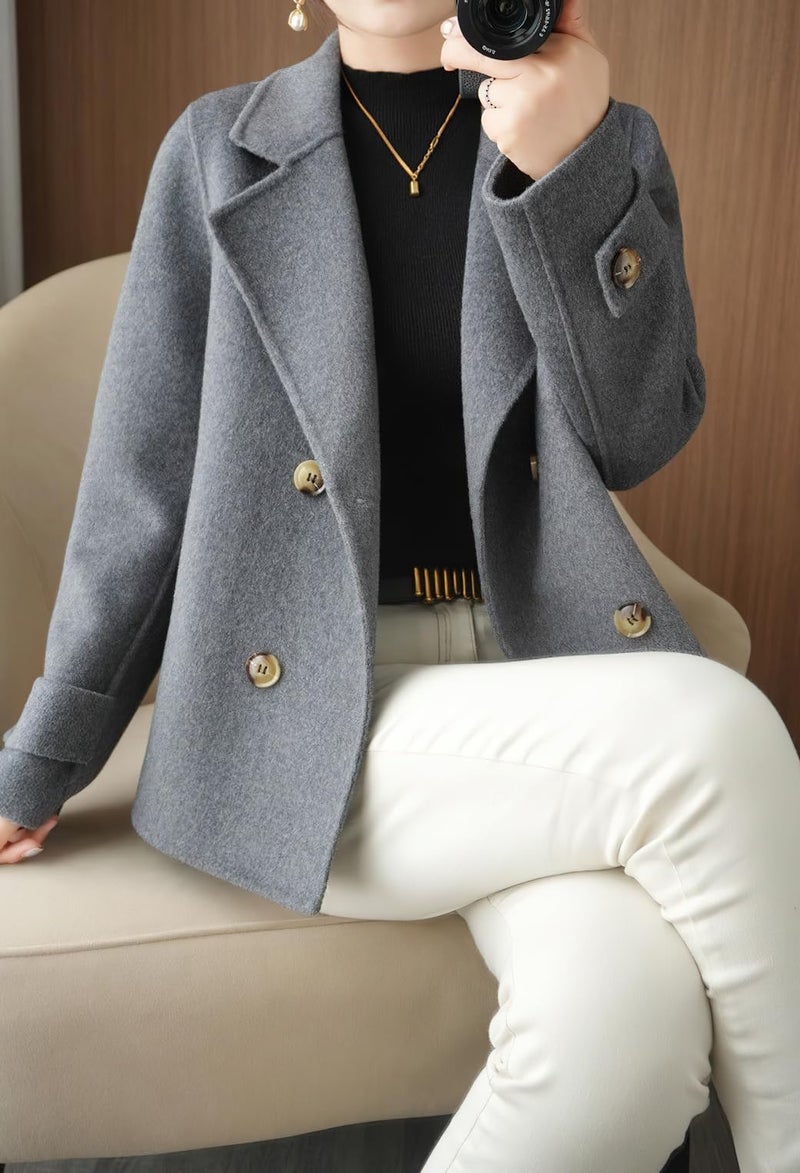 chouyatou Womens Fall Winter Casual Business Wool Blend Coat Loose Double Breasted Dressy Blazer Pea Coat (Large,Grey) - Image 2