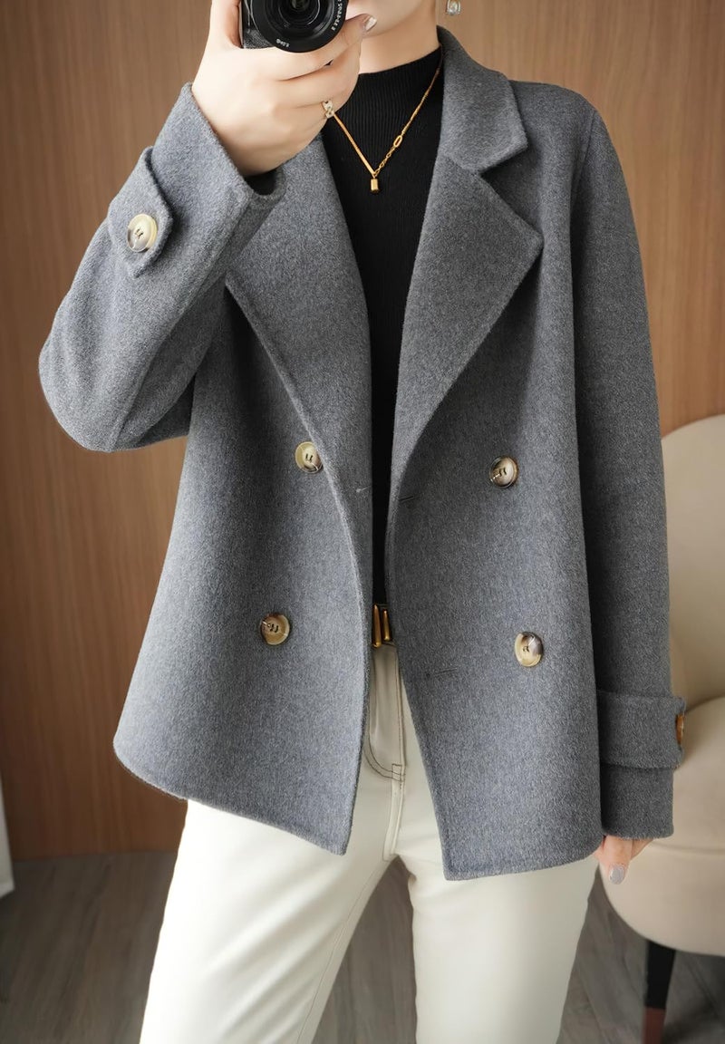 chouyatou Womens Fall Winter Casual Business Wool Blend Coat Loose Double Breasted Dressy Blazer Pea Coat (Large,Grey) - Image 4