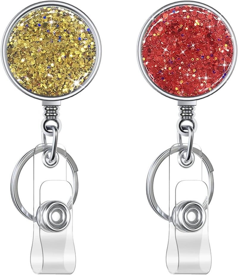 Boutilon Retractable Badge Holder, Retractable Badge Reels,Lightweight Plastic Badge Reel Card Holder with Key Ring Backing Belt Clip for Nurse,Volunteer,Teacher,Student(2 Pack Golden Red) - Image 1