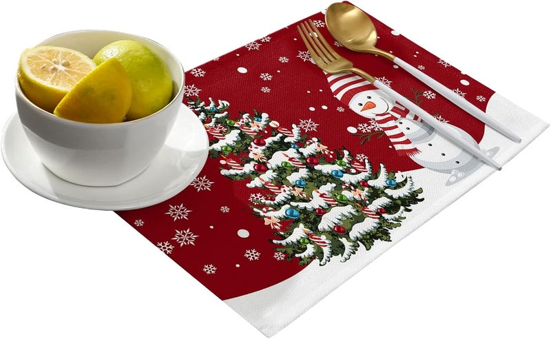 Litter Star أطقم مفارش طاولة رجل الثلج لعيد الميلاد مجموعة من 4 مفارش طاولة شجرة عيد الميلاد مفارش شتوية على شكل ثلج بلون أحمر لمائدة الطعام عيد ميلاد سعيد مفارش مطبخ مقاومة للماء وغير قابلة للانزلاق للحفلات والعطلات - Image 2