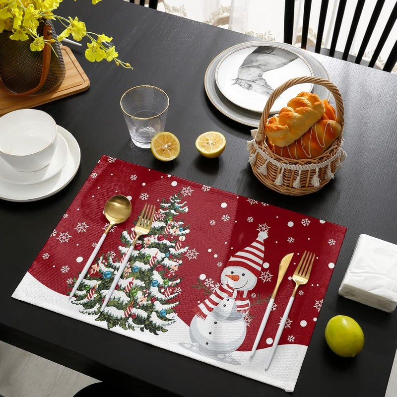 Litter Star أطقم مفارش طاولة رجل الثلج لعيد الميلاد مجموعة من 4 مفارش طاولة شجرة عيد الميلاد مفارش شتوية على شكل ثلج بلون أحمر لمائدة الطعام عيد ميلاد سعيد مفارش مطبخ مقاومة للماء وغير قابلة للانزلاق للحفلات والعطلات - Image 4