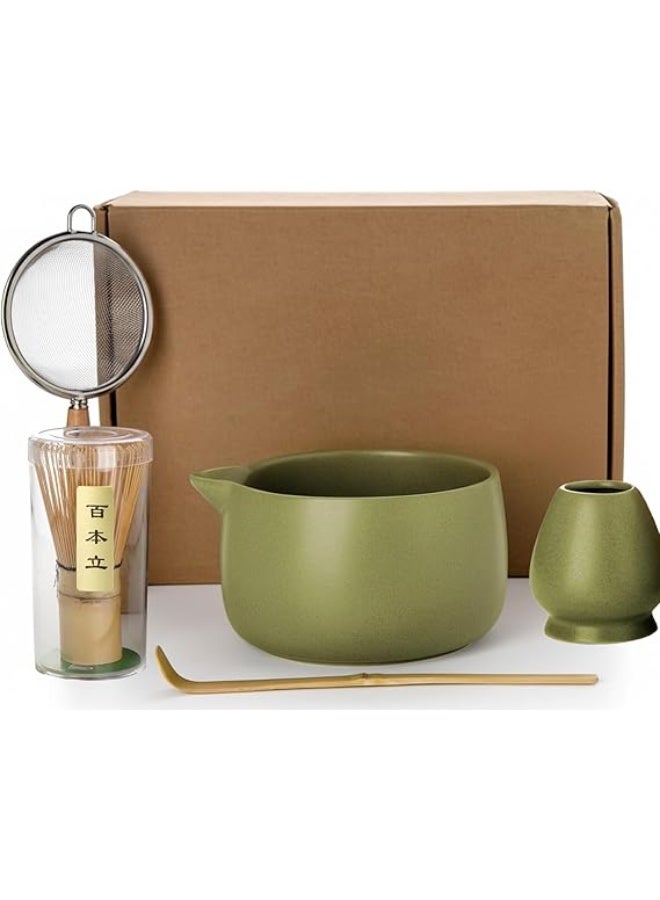 Funito طقم مضرب ماتشا سعة 20 أونصة - طقم شاي ياباني مكون من 5 قطع يتضمن وعاء ماتشا مع صنبور، ومضرب من الخيزران مع حامل سيراميك، ومغرفة من الخيزران ومصفاة، طقم ماتشا للمناسبات، هدية لمحبي الماتشا (ماتشا أخضر) - Image 1
