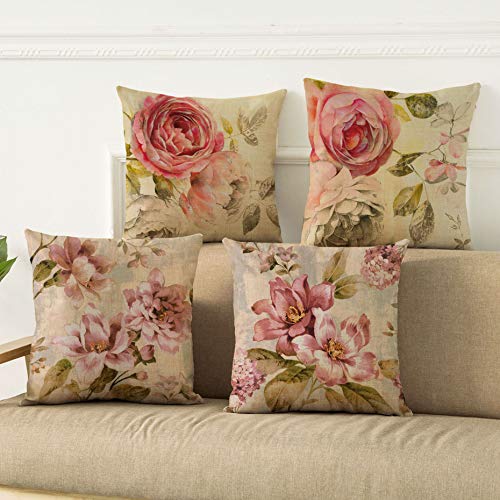 WOMHOPE Set of 4 Vintage Flower Throw Pillow Covers Pillow Cases Cushion Cases Burlap Toss 18 x 18 Inch for Living Room,Couch and Bed (Purple Pink (Set of 4)) - Image 2