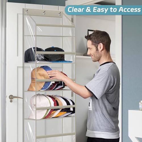 AOODA Clear Over the Door Hat Racks for Baseball Caps, Large Holds up to 72 Caps Hat Storage Organizer for Closet Wall, Deep Pockets Hanging Snapback Holder Shelves with 3 Hooks, Grey - Image 5