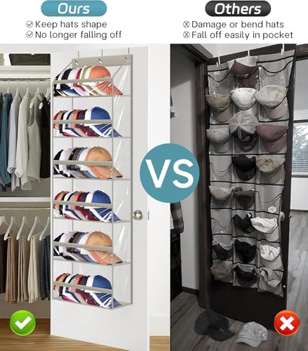 AOODA Clear Over the Door Hat Racks for Baseball Caps, Large Holds up to 72 Caps Hat Storage Organizer for Closet Wall, Deep Pockets Hanging Snapback Holder Shelves with 3 Hooks, Grey - Image 2