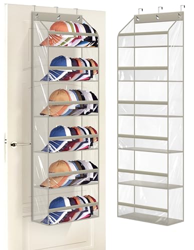 AOODA Clear Over the Door Hat Racks for Baseball Caps, Large Holds up to 72 Caps Hat Storage Organizer for Closet Wall, Deep Pockets Hanging Snapback Holder Shelves with 3 Hooks, Grey - Image 1