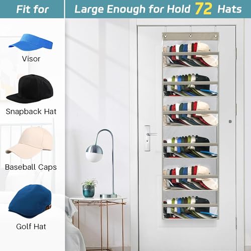 AOODA Clear Over the Door Hat Racks for Baseball Caps, Large Holds up to 72 Caps Hat Storage Organizer for Closet Wall, Deep Pockets Hanging Snapback Holder Shelves with 3 Hooks, Grey - Image 4