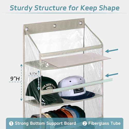 AOODA Clear Over the Door Hat Racks for Baseball Caps, Large Holds up to 72 Caps Hat Storage Organizer for Closet Wall, Deep Pockets Hanging Snapback Holder Shelves with 3 Hooks, Grey - Image 3