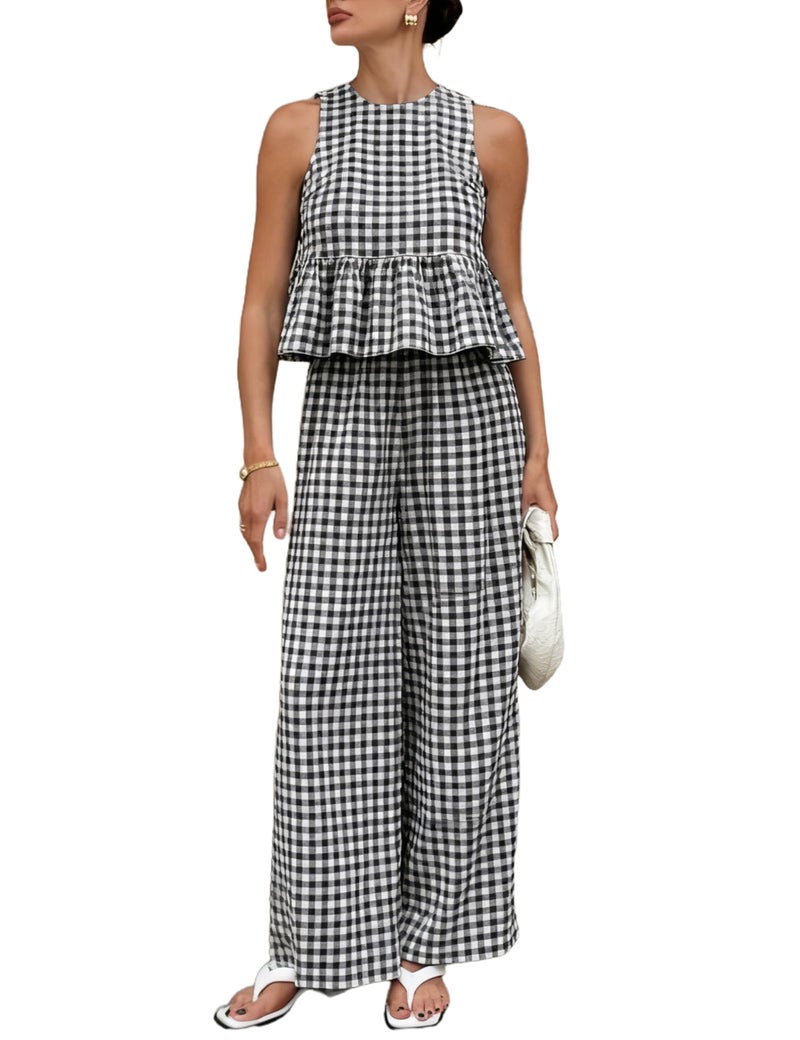 Tanming Women's 2 Piece Set Outfits Gingham Plaid Tank Tops Wide Leg Pants Matching Lounge Sets (Black-XL) - Image 1