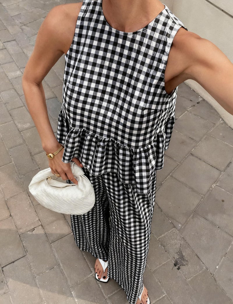 Tanming Women's 2 Piece Set Outfits Gingham Plaid Tank Tops Wide Leg Pants Matching Lounge Sets (Black-XL) - Image 3