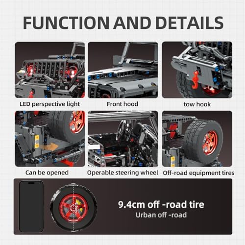 MOCBROPCS RC Off-Road SUV Wrangler Black Warrior Building Kits, 1/8 Scale Pickup Truck Car with Remote Control Lights, Challenge Building Blocks Gift for Technical Enthusiasts Adults & Teens Age 14+ (2272PCS) - Image 5