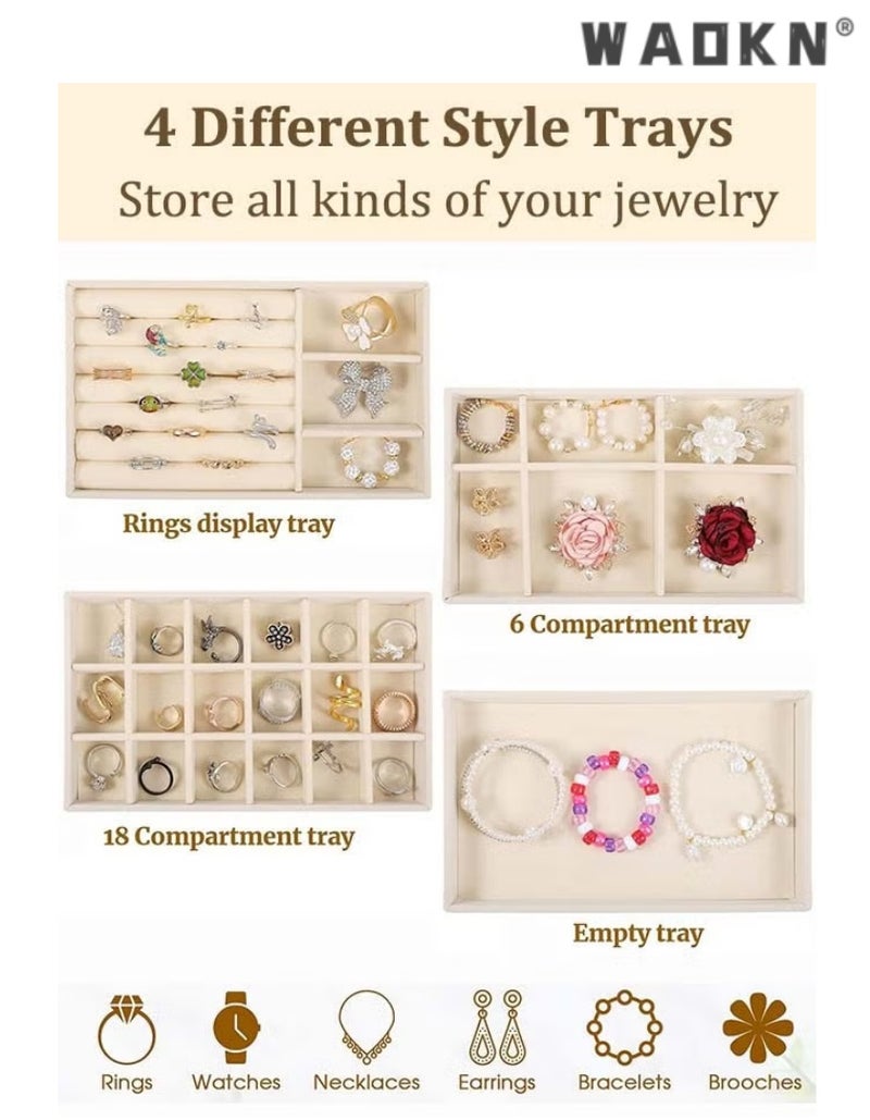 WAOKN 4Pcs Stackable Velvet Jewelry Organizer Trays, 21×12.5×2.4cm Large Capacity Jewelry Storage Box with Removable Dividers, Multi-purpose Storage Tray for Earring Necklace Ring Bracelet, Also for Remote Control Stationery Earphone Wire Storage（beige) - Image 2