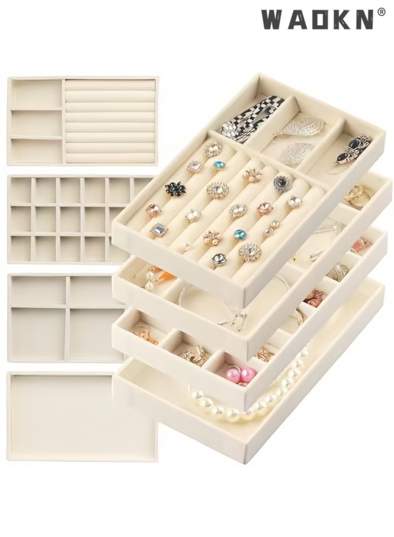 WAOKN 4Pcs Stackable Velvet Jewelry Organizer Trays, 21×12.5×2.4cm Large Capacity Jewelry Storage Box with Removable Dividers, Multi-purpose Storage Tray for Earring Necklace Ring Bracelet, Also for Remote Control Stationery Earphone Wire Storage（beige) - Image 1