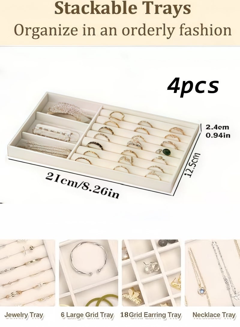 WAOKN 4Pcs Stackable Velvet Jewelry Organizer Trays, 21×12.5×2.4cm Large Capacity Jewelry Storage Box with Removable Dividers, Multi-purpose Storage Tray for Earring Necklace Ring Bracelet, Also for Remote Control Stationery Earphone Wire Storage（beige) - Image 4