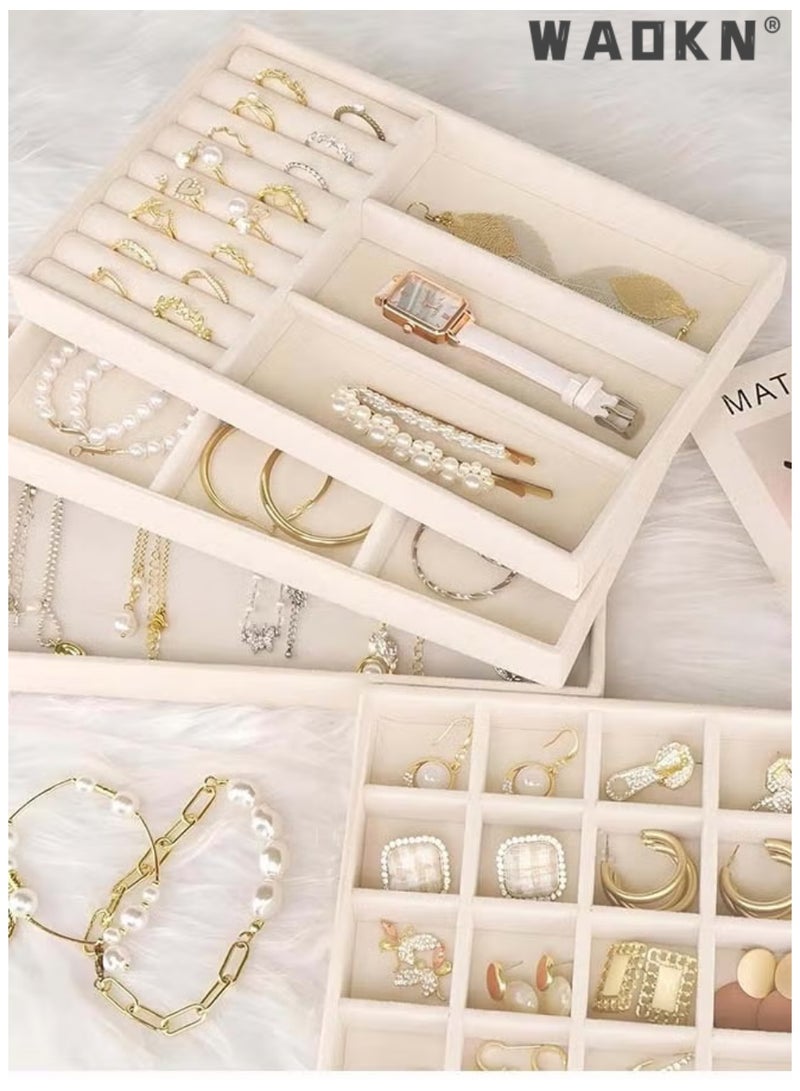 WAOKN 4Pcs Stackable Velvet Jewelry Organizer Trays, 21×12.5×2.4cm Large Capacity Jewelry Storage Box with Removable Dividers, Multi-purpose Storage Tray for Earring Necklace Ring Bracelet, Also for Remote Control Stationery Earphone Wire Storage（beige) - Image 5