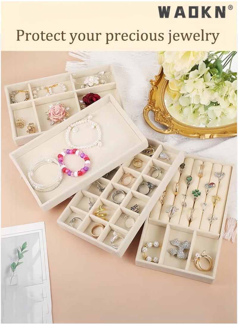 WAOKN 4Pcs Stackable Velvet Jewelry Organizer Trays, 21×12.5×2.4cm Large Capacity Jewelry Storage Box with Removable Dividers, Multi-purpose Storage Tray for Earring Necklace Ring Bracelet, Also for Remote Control Stationery Earphone Wire Storage（beige) - Image 3
