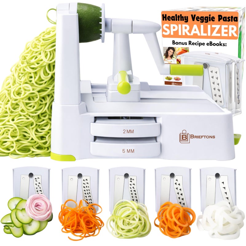 Brieftons 5-Blade Vegetable Spiralizer: Best Zucchini Spiral Slicer & Veggie Noodle Maker, Japanese Steel Blades, Strong Suction Cup, Blade Caddy, 4 Recipe eBooks | Low Carb, Vegan, Paleo, Gluten-Free - Image 1