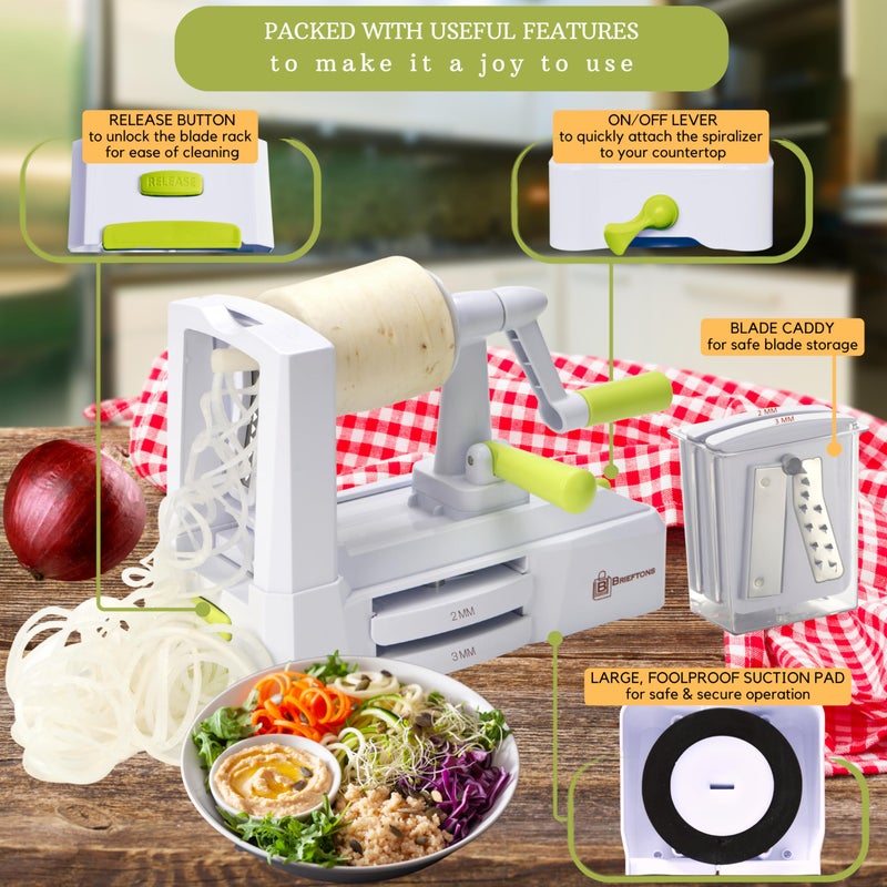 Brieftons 5-Blade Vegetable Spiralizer: Best Zucchini Spiral Slicer & Veggie Noodle Maker, Japanese Steel Blades, Strong Suction Cup, Blade Caddy, 4 Recipe eBooks | Low Carb, Vegan, Paleo, Gluten-Free - Image 2