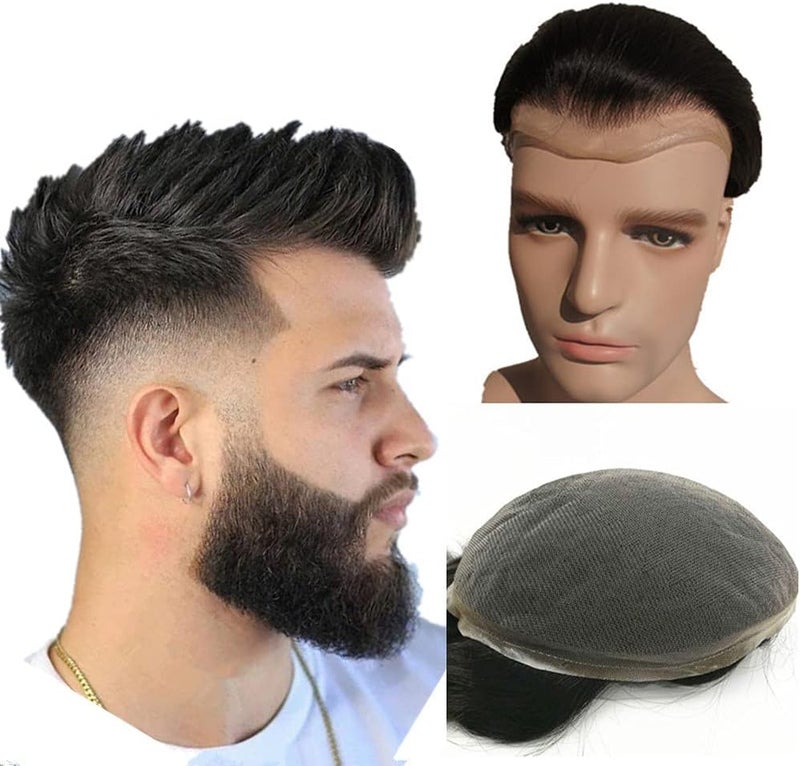 NLW Mens toupee human hair replacement System European human hair Swiss Lace hair piece toupee for men 10x8 base 1b Off Black