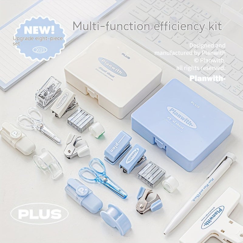 White 8pcs Mini Stapler Hole Puncher Multifunctional Stationery Set School Office Supplies - Image 1