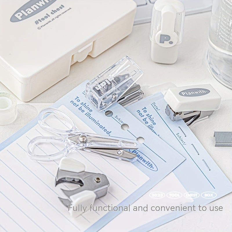 White 8pcs Mini Stapler Hole Puncher Multifunctional Stationery Set School Office Supplies - Image 5