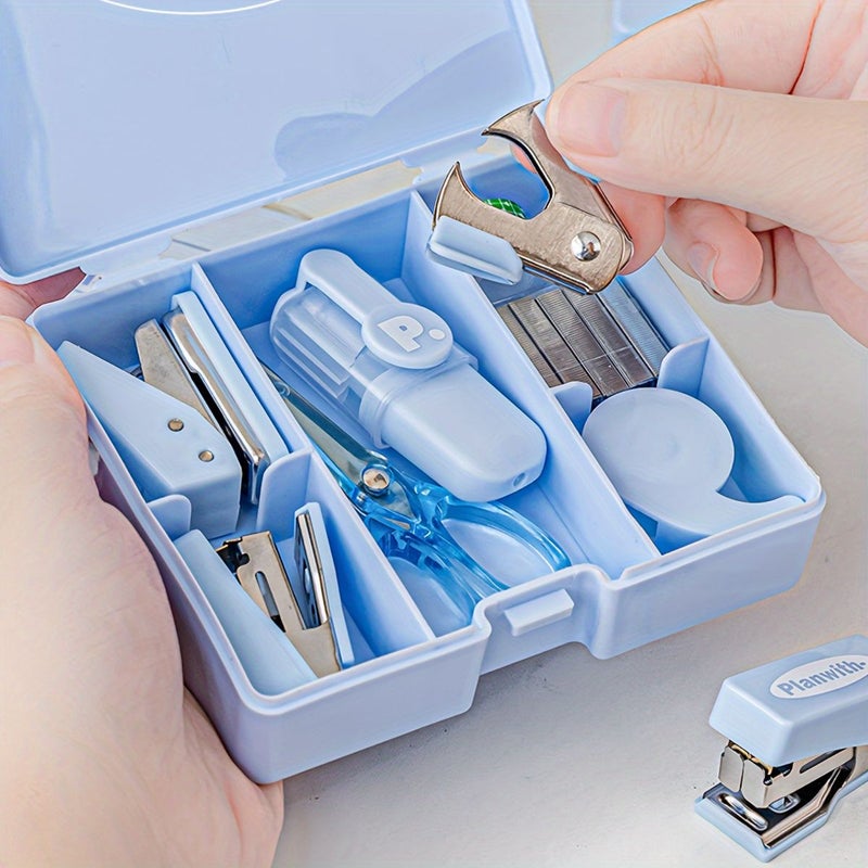 White 8pcs Mini Stapler Hole Puncher Multifunctional Stationery Set School Office Supplies - Image 2