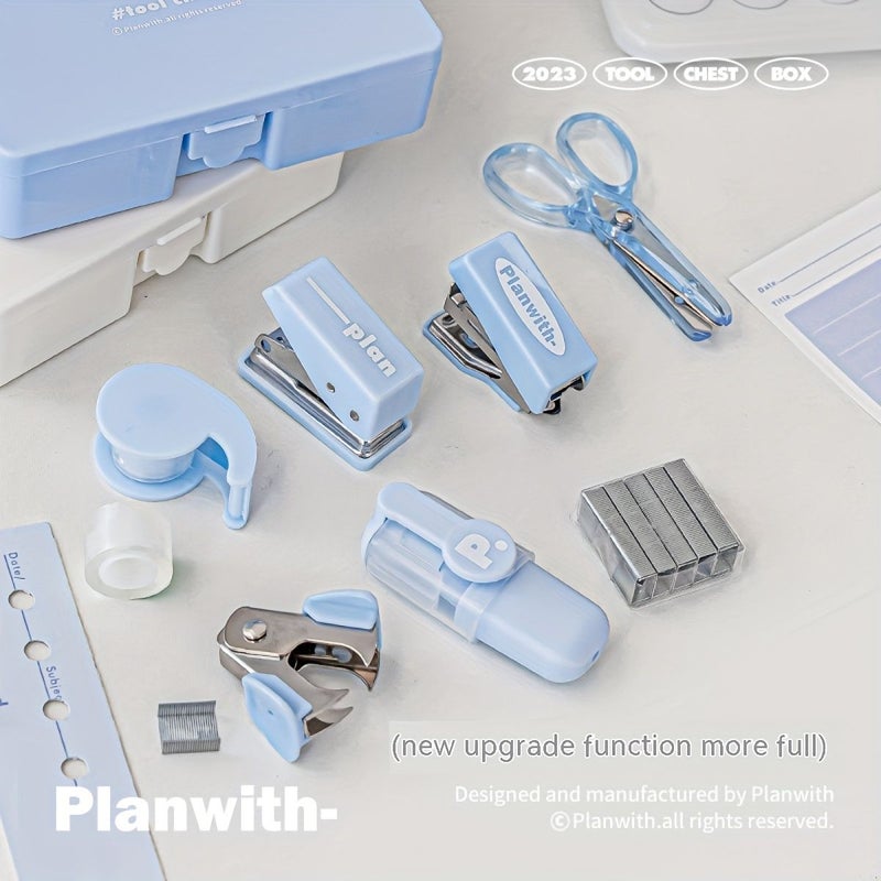 White 8pcs Mini Stapler Hole Puncher Multifunctional Stationery Set School Office Supplies - Image 4