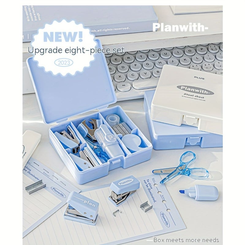 White 8pcs Mini Stapler Hole Puncher Multifunctional Stationery Set School Office Supplies - Image 3