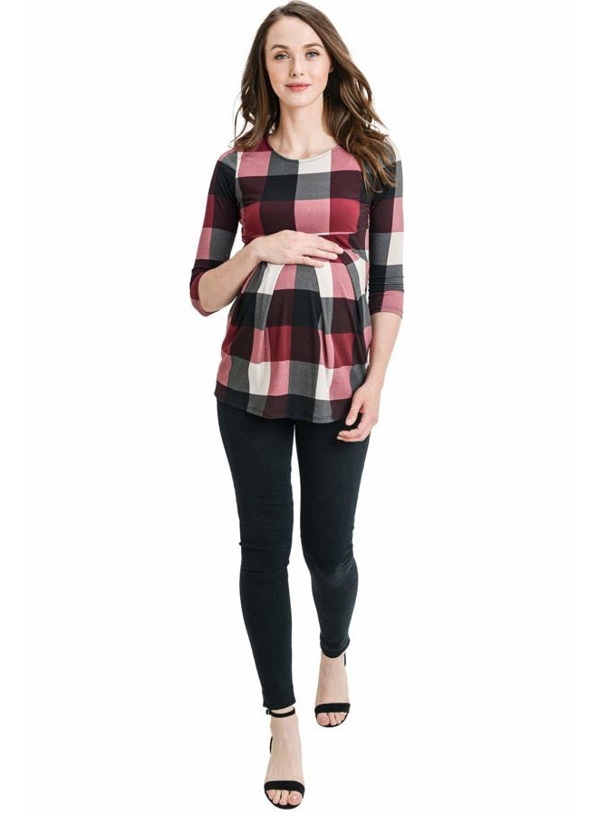 LaClef Women's Round Neck 3/4 Sleeve Front Pleat Peplum Maternity Top, Burgundy Plaid, XXL - Image 3