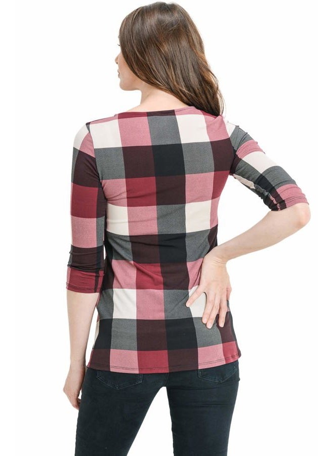 LaClef Women's Round Neck 3/4 Sleeve Front Pleat Peplum Maternity Top, Burgundy Plaid, XXL - Image 2