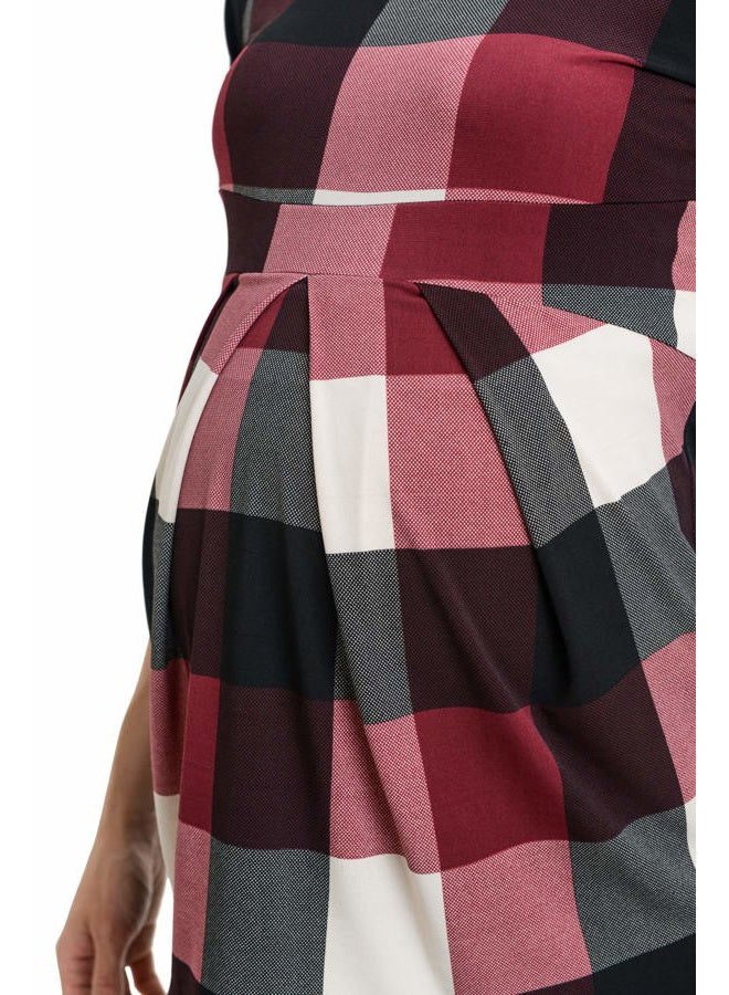 LaClef Women's Round Neck 3/4 Sleeve Front Pleat Peplum Maternity Top, Burgundy Plaid, XXL - Image 5
