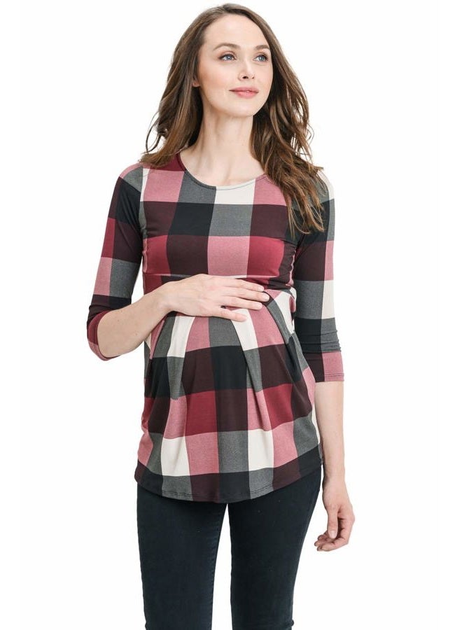 LaClef Women's Round Neck 3/4 Sleeve Front Pleat Peplum Maternity Top, Burgundy Plaid, XXL - Image 1