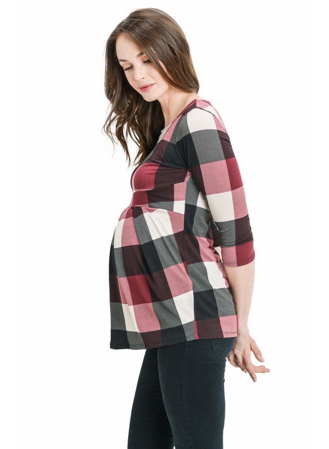 LaClef Women's Round Neck 3/4 Sleeve Front Pleat Peplum Maternity Top, Burgundy Plaid, XXL - Image 4