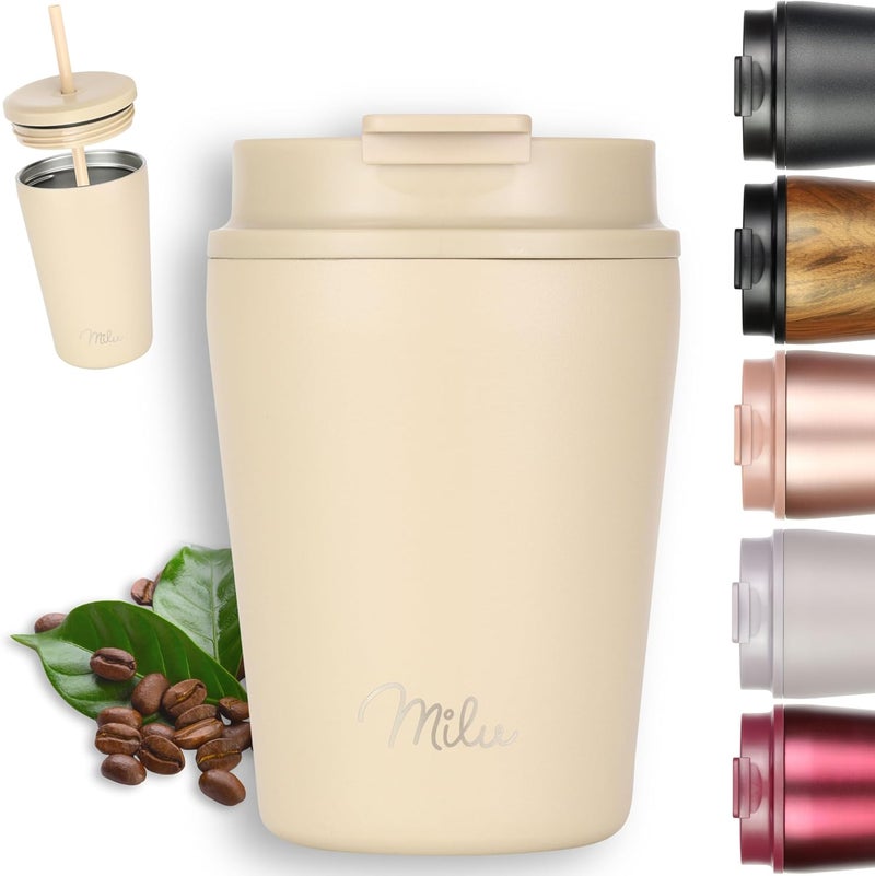 Milu Thermal Mug 300 ml, 400 ml, 500 ml - 100% Leak-Proof - Stainless Steel Coffee Mug to Go Insulated with Straw Keeps Hot for 10 Hours / 20 Hours Cold, BPA-Free (Beige, 300 ml) - Image 1