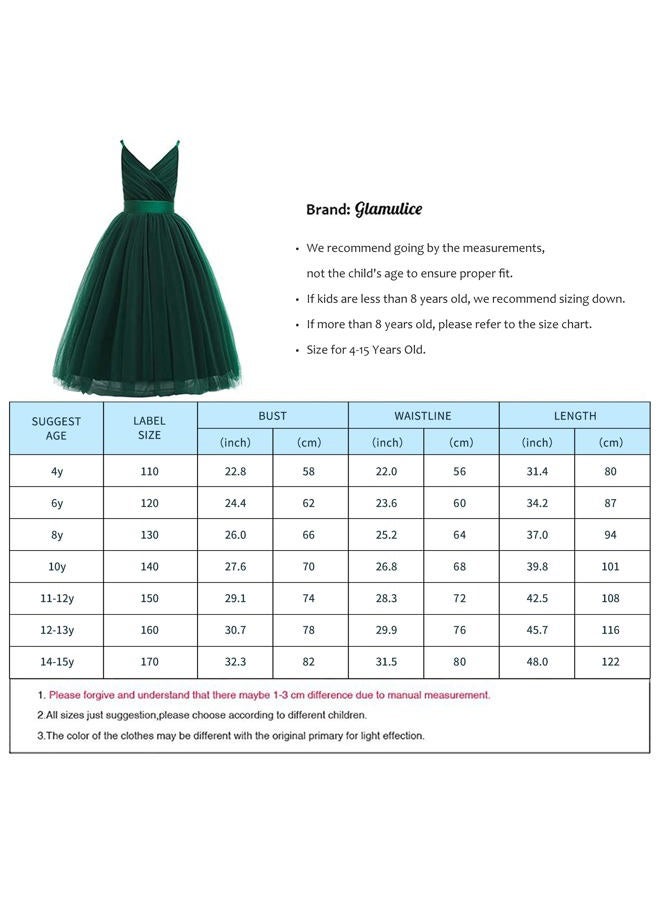 Glamulice Flower Girls Spaghetti Strap Tulle Dress Long A Line Wedding Pageant Dresses Princess Birthday Party Ball Gown, V-neck & Emerald Green, 10 Years - Image 4