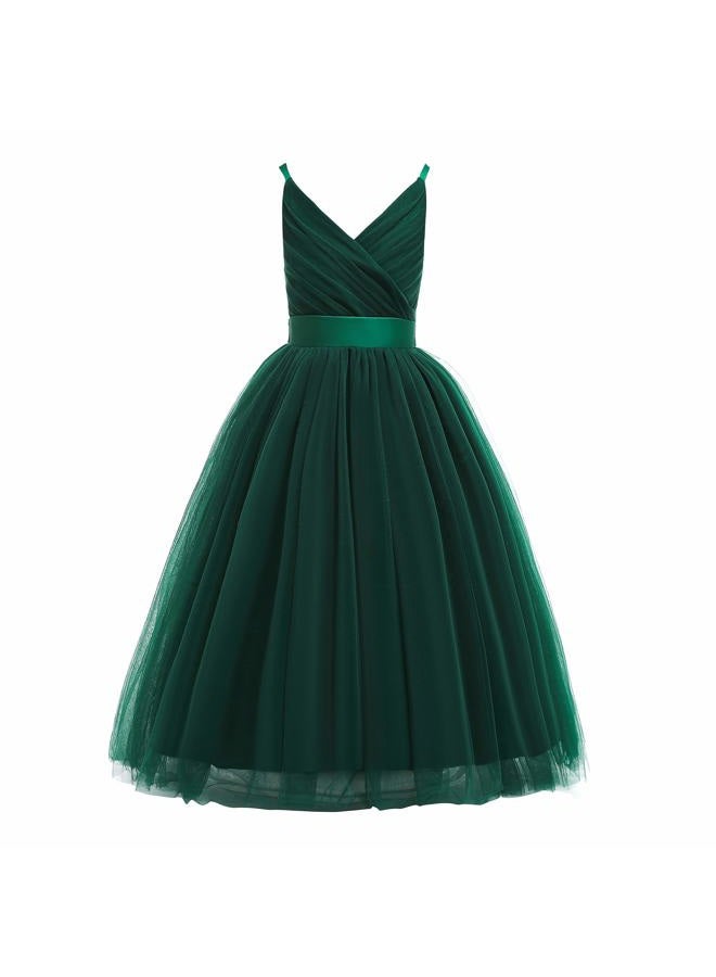 Glamulice Flower Girls Spaghetti Strap Tulle Dress Long A Line Wedding Pageant Dresses Princess Birthday Party Ball Gown, V-neck & Emerald Green, 10 Years - Image 1