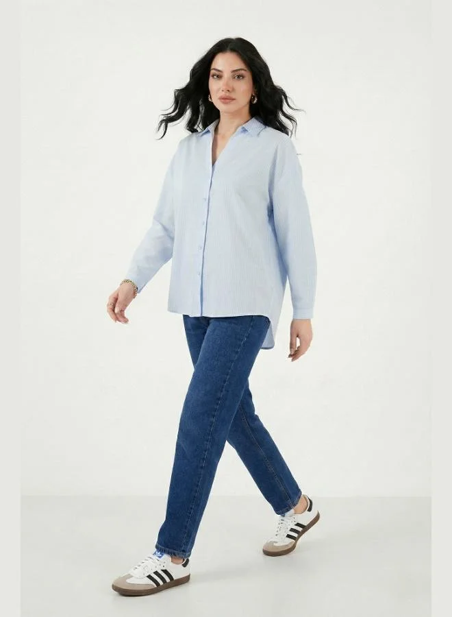 ليلا Lela Striped Oversize Fit Classic Collar Long Sleeve Shirt Women's SHIRT 6925437