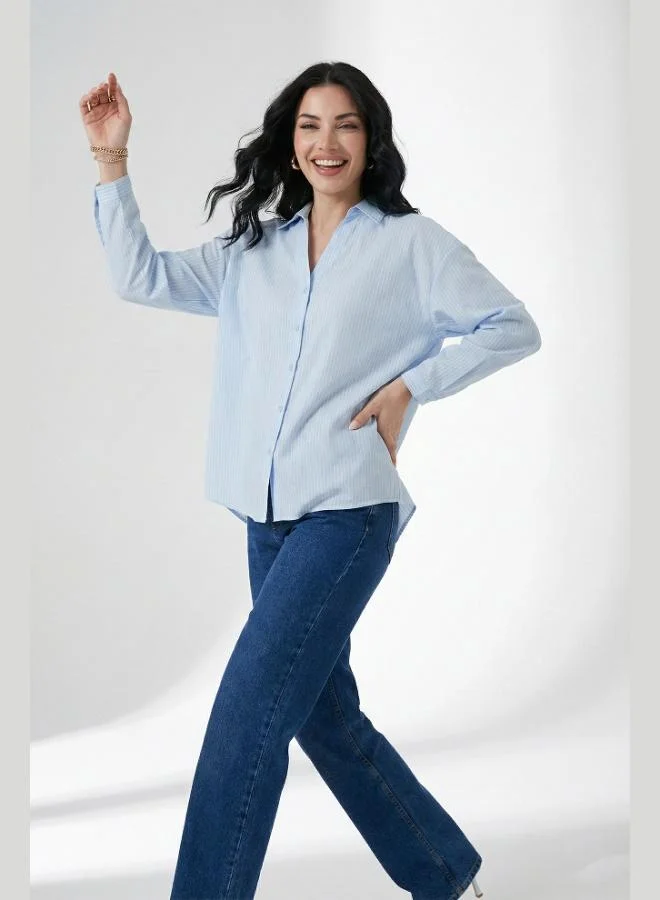 ليلا Lela Striped Oversize Fit Classic Collar Long Sleeve Shirt Women's SHIRT 6925437