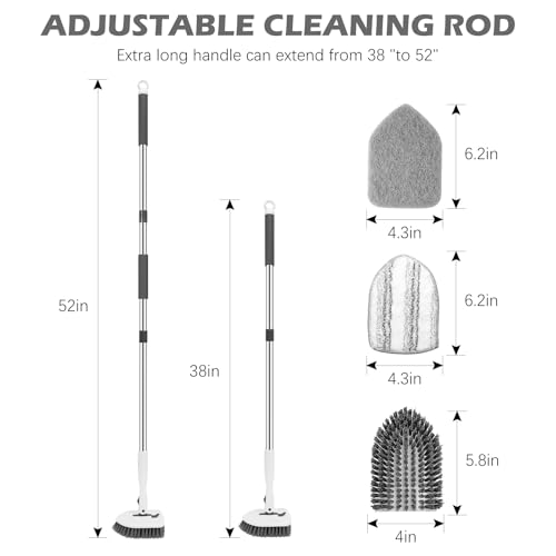 SetSail Floor Scrub Brush 3in1 Tile Tub Floor Scrubber with 52inch Adjustable Long Handle Shower Cleaner Brush and 3 Detachable Replacement Brush Heads for Cleaning Bathroom Tub Tile White Grey - Image 3
