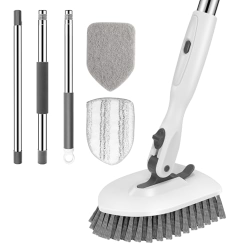 SetSail Floor Scrub Brush 3in1 Tile Tub Floor Scrubber with 52inch Adjustable Long Handle Shower Cleaner Brush and 3 Detachable Replacement Brush Heads for Cleaning Bathroom Tub Tile White Grey - Image 1