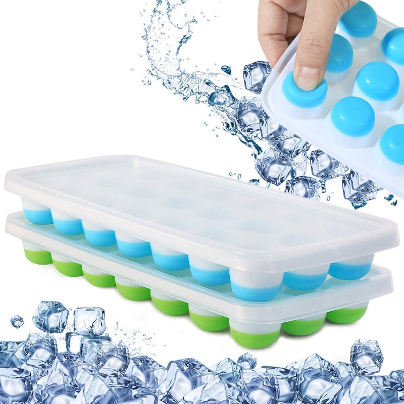 BKQPTL 2 PCS 21 Cavity Silicone Round Pop Up Ice Cube Mold Trays with Lid for Freezer with Easy Release Flexible Silicone Bottom Stackable Whiskey Bar Ice Cube Moulds Multicolor Pack of 4 - Image 1