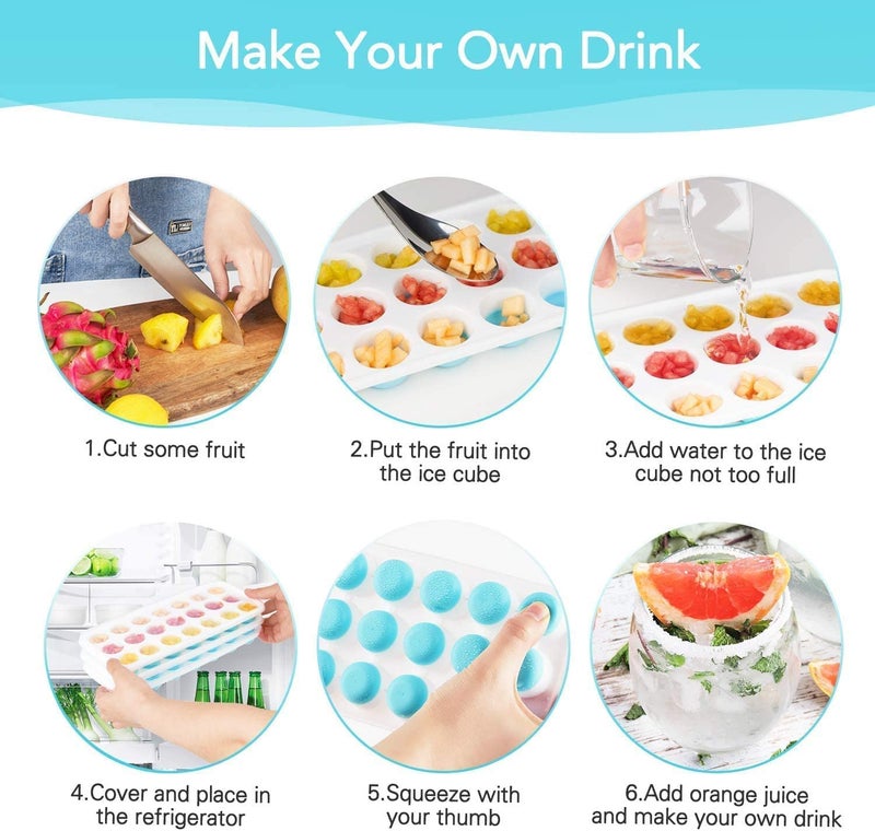 BKQPTL 2 PCS 21 Cavity Silicone Round Pop Up Ice Cube Mold Trays with Lid for Freezer with Easy Release Flexible Silicone Bottom Stackable Whiskey Bar Ice Cube Moulds Multicolor Pack of 4 - Image 4